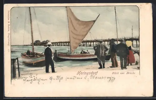 AK Heringsdorf / Ostsee, Strandpartie mit Seebrücke, Segelboote