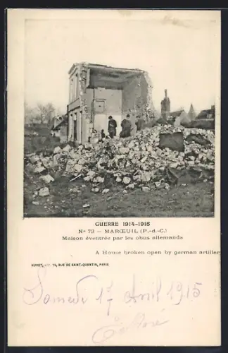 AK Maroeuil /P.-d-C., Guerre 1914-15, Maison éventrée par les obus allemands