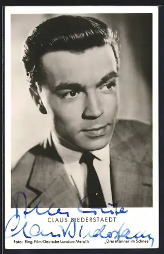 AK Schauspieler Claus Biederstaedt im Anzug mit Krawatte, mit Autograph