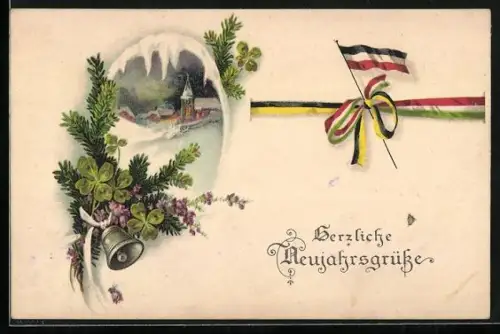 AK Kirche in winterlicher Landschaft, Tannenzweig mit Glocke, Neujahrsgruss