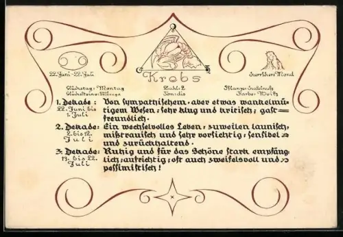 AK Sternzeichen Krebs, Glückstag: Montag, Farbe: Weiss, Ton: dis