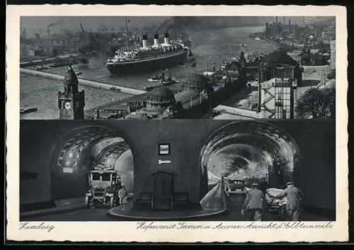 AK Hamburg-St. Pauli, Hafen mit Innen- und Aussen-Ansicht des Elbtunnels