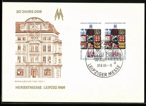 Künstler-AK Leipzig, Herbstmesse 1969, 20 Jahre DDR, Romanushaus 1701-1704