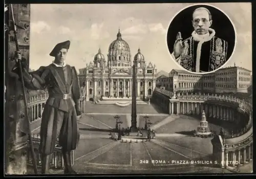 AK Roma, Piazza Basilica S. Pietro, Papst Pius XII. und Wache der Schweizer Garde