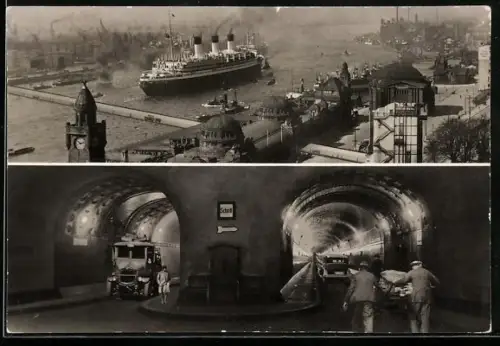 AK Hamburg-St. Pauli, Elbtunnel, Aussenansicht u. Inneres mit Automobilen