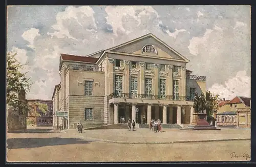 Künstler-AK Weimar / Thüringen, Deutsches Nationaltheater mit Goethe-Schiller-Denkmal