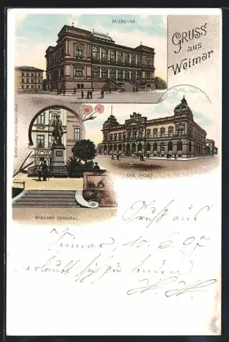 Lithographie Weimar / Thüringen, Museum, Post, Wieland Denkmal