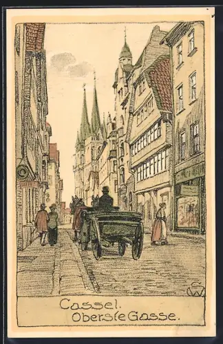 Steindruck-AK Cassel, Oberste Gasse-Strasse