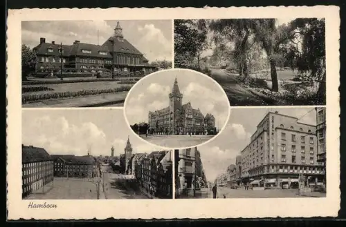 AK Hamborn / Duisburg, Strassenpartie mit Hotel, Bahnhof