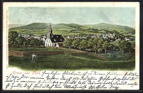 Lithographie Floh, Teilansicht mit Kirche