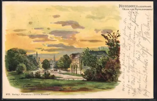 Lithographie Düsseldorf, Blick vom Napoleonsberg auf die Alleestrasse