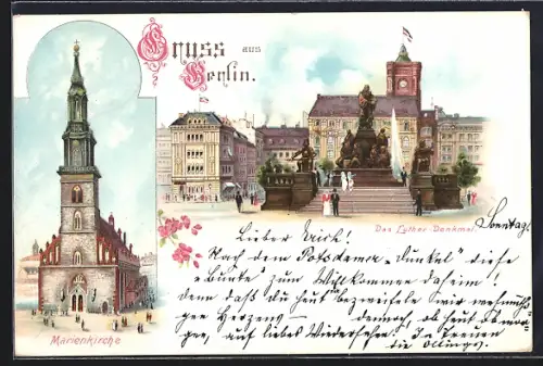 Lithographie Berlin, Neuer Markt mit Luther-Denkmal, Marienkirche