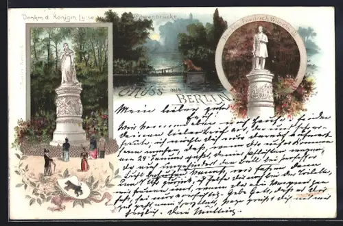 Lithographie Berlin-Tiergarten, Denkmal der Königin Luise, Löwenbrücke und Denkmal Friedrich Wilhelm III.