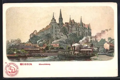 Lithographie Meissen, Albrechtsburg, Elbpartie mit Dampfer