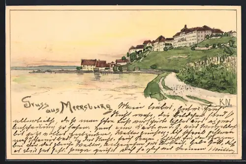 Künstler-AK Meersburg, Panoramablick auf den Ort
