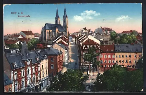 AK Hof, Blick in die Lorenzstrasse m. Kirche