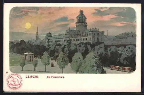 Lithographie Leipzig, PLeissenburg bei Sonnenuntergang