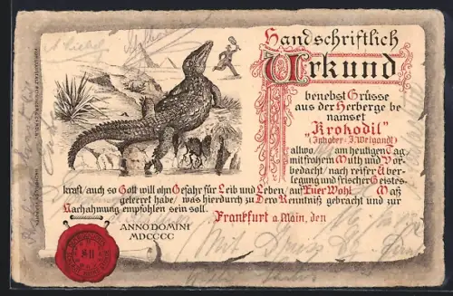 AK Frankfurt a. Main, Gasthaus Krokodil, Inh. J. Weigandt, Urkunde über Biergenuss, Mann flieht vor einem Krokodil