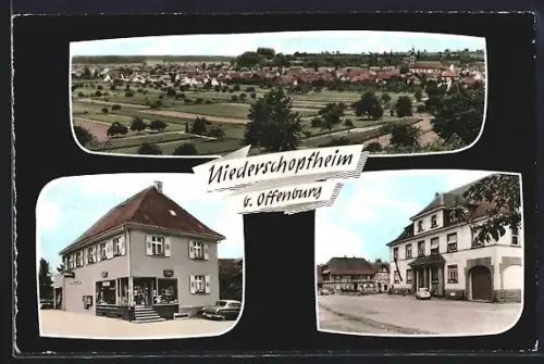 AK Niederschopfheim b. Offenburg, Gesamtansicht, Strassenpartie und Ladengeschäft