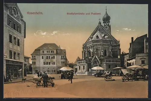 AK Rosenheim, Stadtpfarrkirche und Postamt