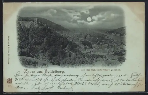 Mondschein-AK Heidelberg / Neckar, Ortsansicht von der Schlossterrasse aus gesehen