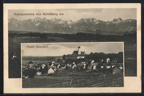 AK Markt Oberdorf, Alpenpanorama vom Schlossberg aus gesehen, Ortsansicht mit Kirche