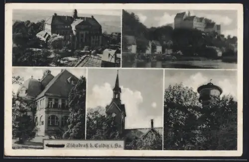 AK Zschadrass b. Colditz i. Sa., Lazarett Zschadrass, Uferpartie, Aussichtsturm