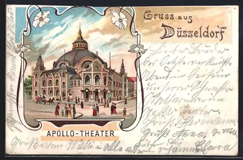 Lithographie Düsseldorf, Apollo-Theater mit Passanten