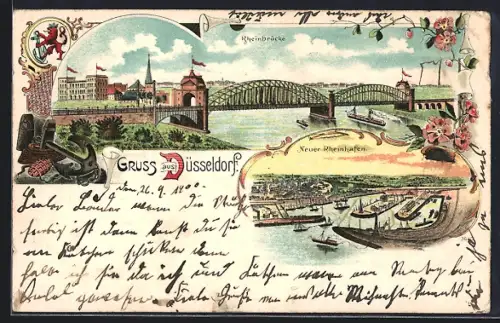 Lithographie Düsseldorf, Neuer Rheinhafen, Teilansicht mit Rheinbrücke