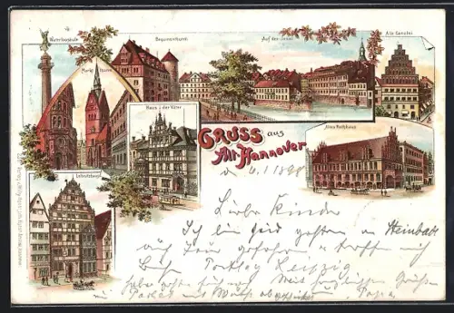 Lithographie Hannover, Altes Rathaus, Alte Canzlei, Haus der Väter