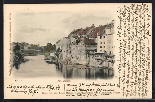 AK Görlitz, Alt-Görlitz, Flusspartie mit Ortspanorama, Uferanlagen, Flösse