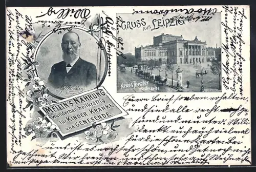 AK Leipzig, Vorderseite Neues Theater und Porträt Mellin