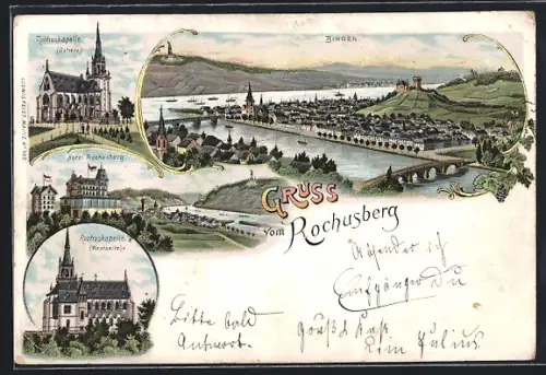 Lithographie Bingen / Rhein, Hotel Rochusberg, Rochuskapelle, Gesamtansicht mit Denkmal, Brücken u. Burg