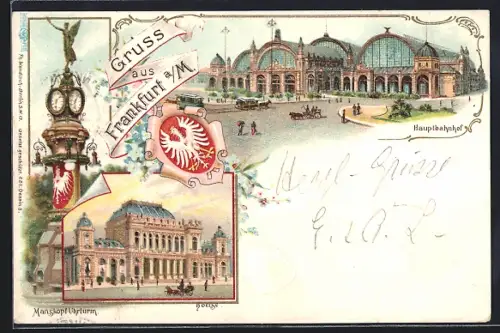 Lithographie Frankfurt a. M., Hauptbahnhof, Manskopf-Uhrturm, Börse