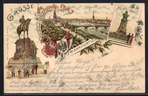 Lithographie Frankfurt, Stadtansicht und Denkmäler Kaiser Wilhelms