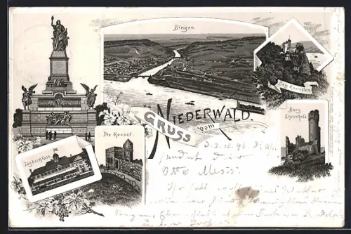 Lithographie Bingen / Rhein, Ortsansicht von oben, Burg Rheinstein, Burg Ehrenfels, Jagdschloss