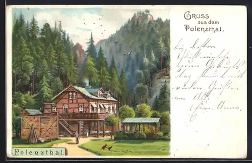 Lithographie Polenz / Sächs. Schweiz, Gasthaus Polenzthal