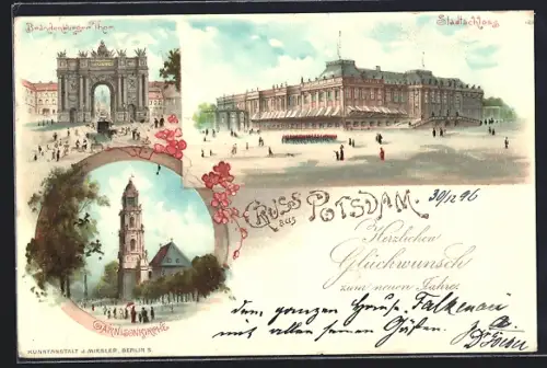 Lithographie Potsdam, Brandenburger Tor m. Pferdekutsche, Garnisionskirche, Stadtschloss