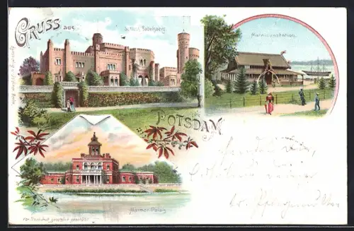 Lithographie Potsdam, Schloss Babelsberg, Matrosenstation & Marmor-Palais