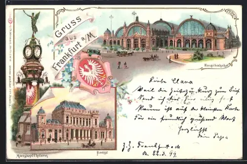 Lithographie Frankfurt a. M., Hauptbahnhof, Manskopf-Uhrturm, Börse