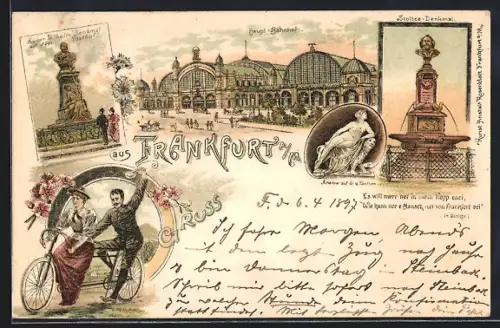 Lithographie Frankfurt, Hauptbahnhof, Stoltze Denkmal, Ehepaar auf Fahrrad, Tandem, Kaiser Wilhelm Denkmal