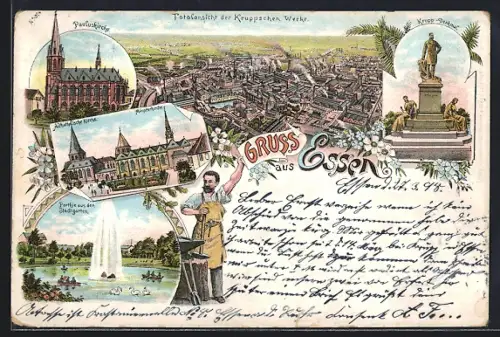Lithographie Essen, Gesamtansicht der Kruppschen Werke, Krupp-Denkmal, Pauluskirche, Münsterkirche, Stadtgarten
