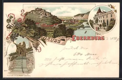 Lithographie Ebernburg, Hutten-Sickingen-Denkmal, Strassenpartie