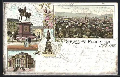 Lithographie Elberfeld, Stadttheater, Denkmal Kaiser Wilhelm I., Totalansicht