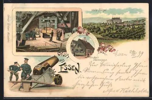 Lithographie Essen, Krupp Maschinenfabrik, Montage von Kanonen, Villa Hügel, Krupp`s Stammhaus