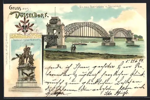 Lithographie Düsseldorf, Die neue Rheinbrücke, Denkmal Kaiser Wilhelm I.