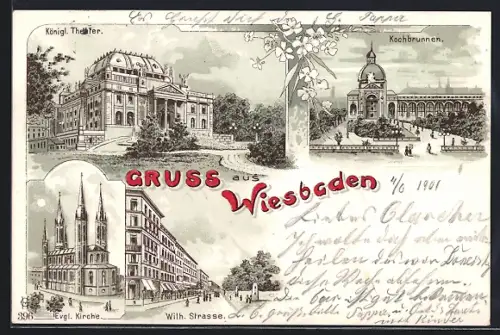Lithographie Wiesbaden, Königl. Theater, Wilh. Strasse, Kochbrunnen