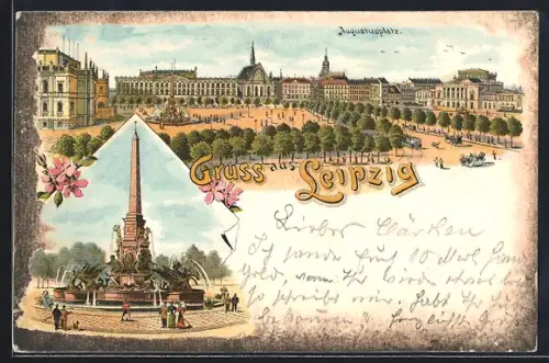 Lithographie Leipzig, Ansicht des Augustusplatz, Mendebrunnen