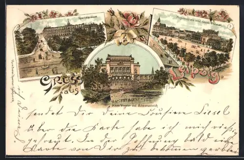 Lithographie Leipzig, Goethestrasse, Augustusplatz mit neuem Theater & Schwanenteich