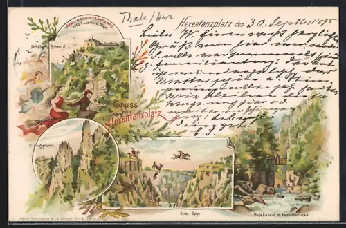 Vorläufer-Lithographie Thale /Harz, 1895, Hotel Hexentanzplatz L. Schmid, Bode-Sage, Hirschgrund